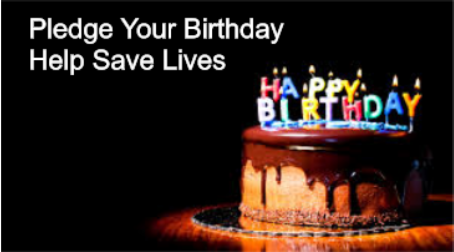Picture of a birthday cat,  Says Pledge your birthday, Help save lives.